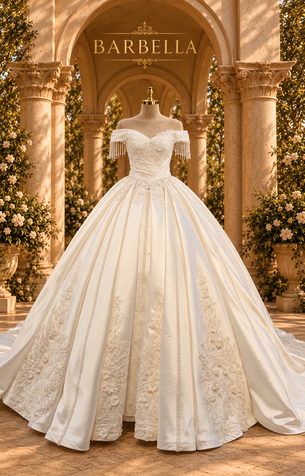 Royal Barbie satin gown with side embroidery