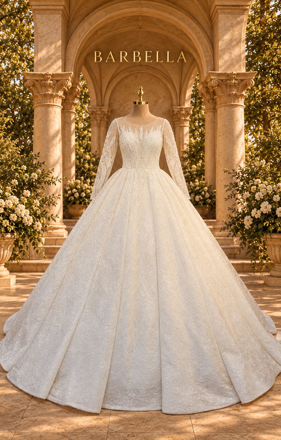 Royal Barbie square-neck long-sleeve gown