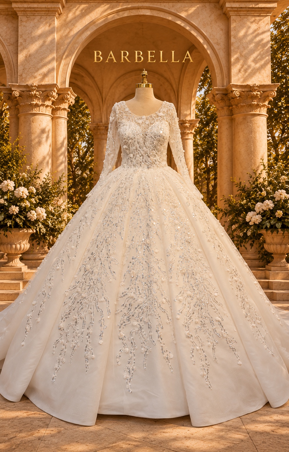 Royal Barbie gown with silver vine embroidery