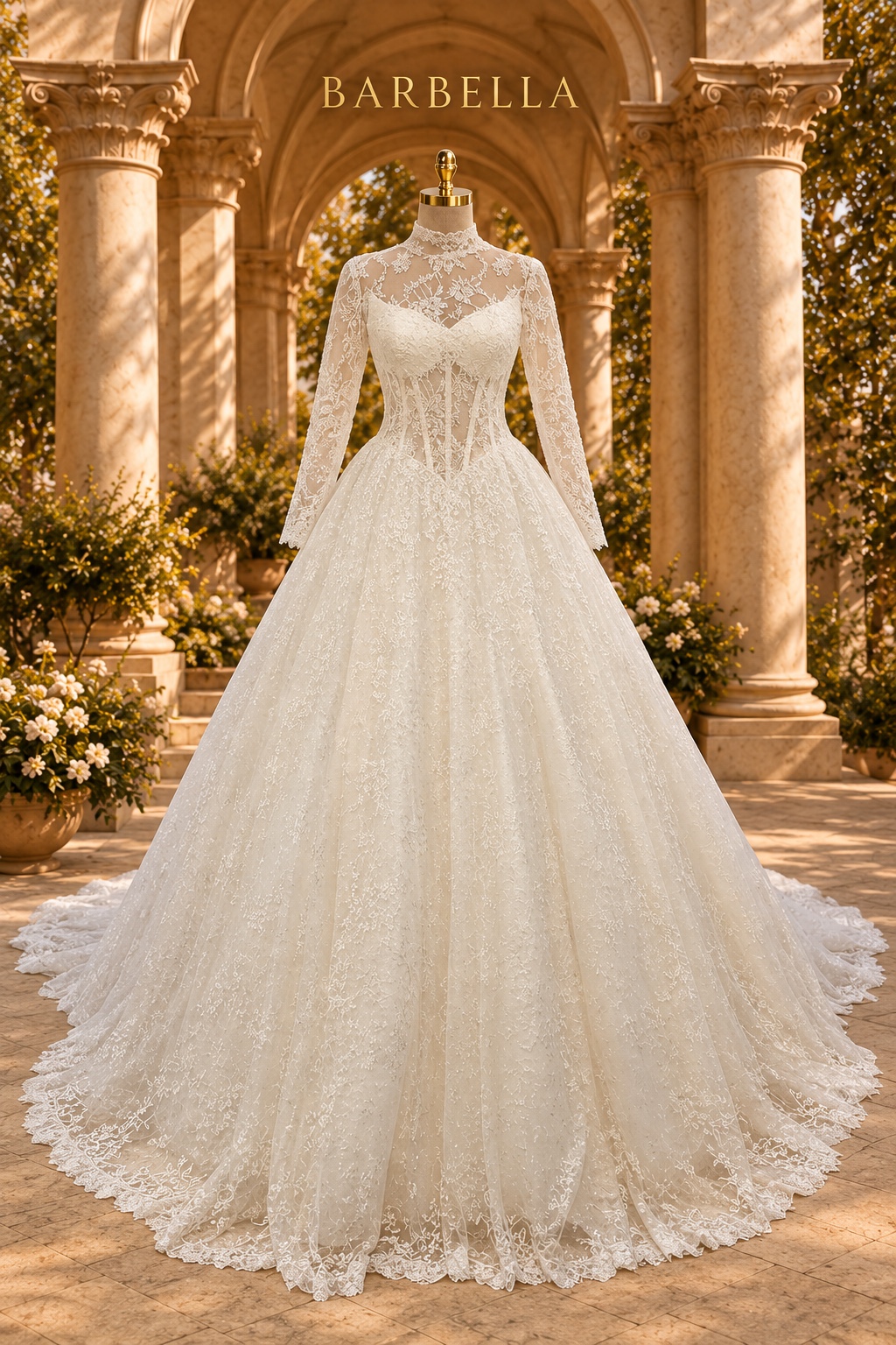 Royal Barbie high-neck full-lace gown