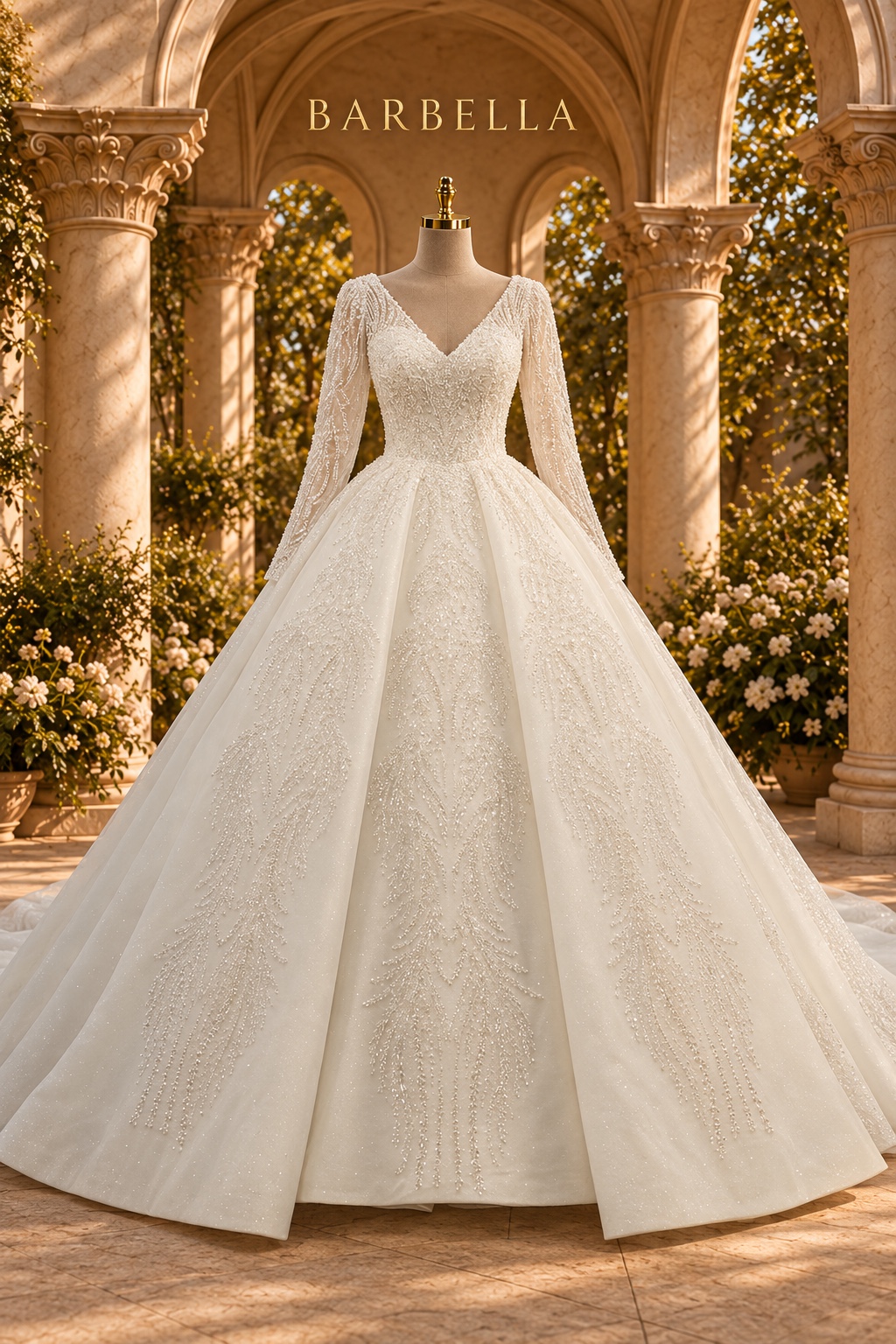Royal Barbie V-neck lace-sleeve gown