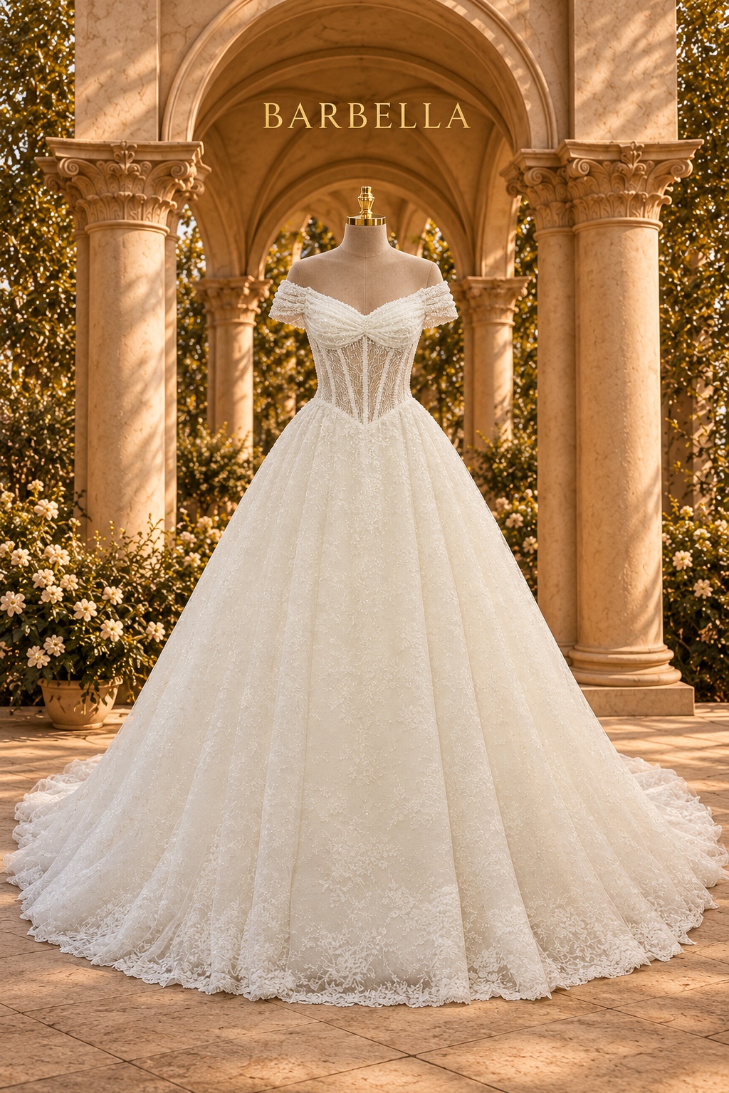 Royal Barbie draped-shoulder V-corset gown
