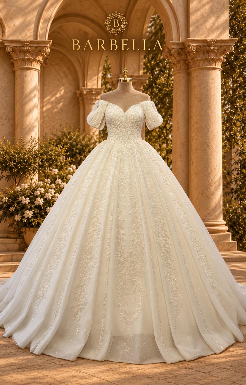 Royal Barbie puff-sleeve sweetheart gown