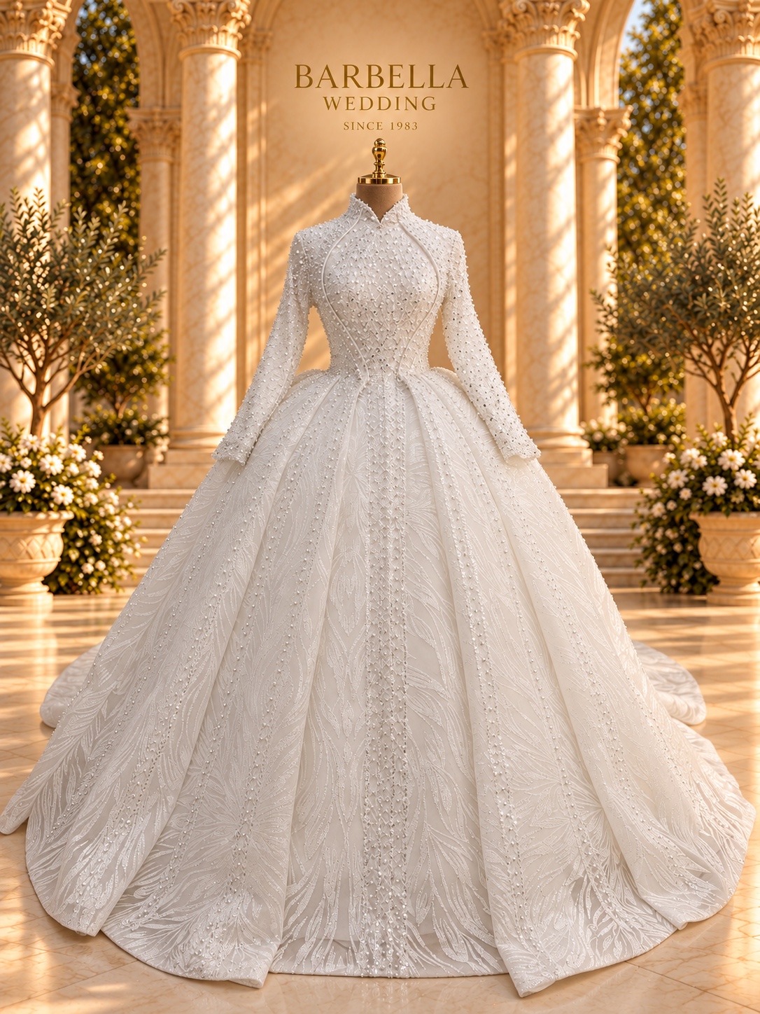 Royal modest high-neck wedding gown